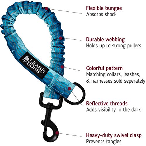 Leash Boss Pattern Bungee Dog Leash Extension, 18" Shock Absorbing Lead Extender, Pattern Collection - Large Dog Leash Attachment and Shock Absorber (Wave Pattern) - color: Blue - Wave