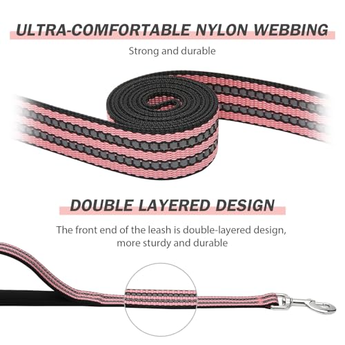Hikiko 6 FT Heavy Duty Dog Leash with 2 Padded Handles Reflective Nylon Double Handle Dog Leash, Cherry Pink - color: Cherry Pink, size: 1 in x 6 ft