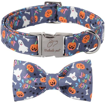 Halloween Dog Collar with Bow Tie - Cute Ghost Pumpkin Halloween Puppy Collar, Adjustable Metal Buckle Holiday Bowtie Dog Collars for Small Medium Large Dogs L - color: B-Navy Ghost Pumpkin, size: L