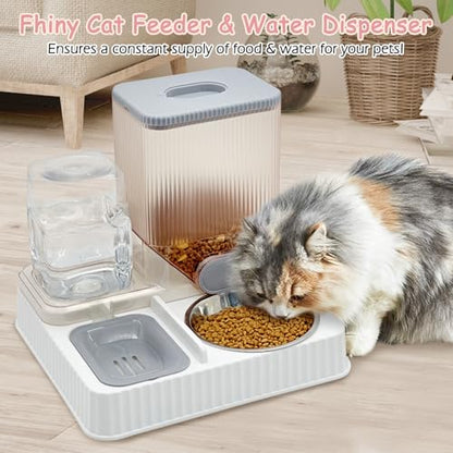 Fhiny Gravity Cat Feeder & Water Dispenser, 2 in 1 Automatic Puppy Waterer Removable Stainless Steel Food Bowls Set Self Feeding Pet Food Storage for Cat Kitten Puppy Easy Clean (Grey) - color: Grey-Metal Bowl