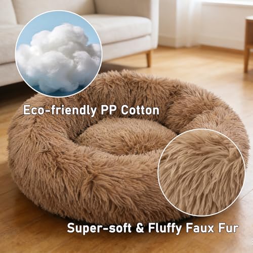 Calming Donut Dog Bed Medium Size Dog - Washable Removable Cover Non-Slip Bottom, Round Pet Bed Cat Bed Warming Fluffy Plush Faux Fur Anti-Anxiety, Fits up to 45 lbs (Camel, 30") - color: Camel, size: 30"L x 30"W x 8"Th