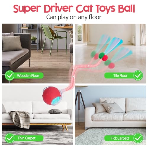 Interactive Cat Toys Ball for Indoor Cats, 2025 New Generation Automatic Moving Ball Toy with Elastic Mesh Tail, Chirping & Obstacle Avoidance and Motion Activated, Red【Rechargeable】 - color: Red