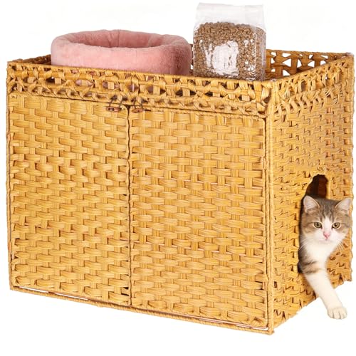 SZEE Cat Litter Box Enclosure Furniture, Hidden Litter Box with Mat, Handwoven Rattan Cat Houses for Indoor/Outdoor Cats, Large Litter Box Enclosure with 12” Edge for Living Room/Bedroom/Washroom
