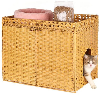 SZEE Cat Litter Box Enclosure Furniture, Hidden Litter Box with Mat, Handwoven Rattan Cat Houses for Indoor/Outdoor Cats, Large Litter Box Enclosure with 12” Edge for Living Room/Bedroom/Washroom