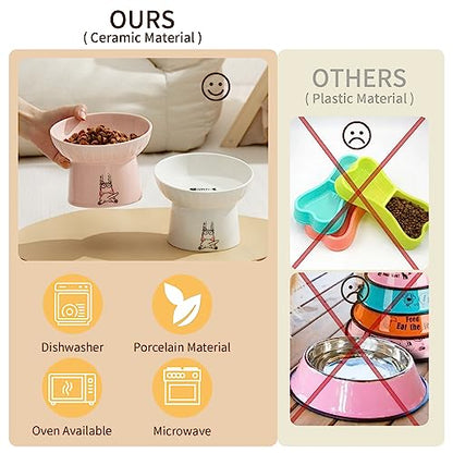 6.5 Inch Extra Wide Ceramic Raised Cat Bowls, Porcelain Tilted Elevated Cat Food Water Bowl Dish, Stress Free Pet Feeder Dishes for Cats & Small Dogs, Whisker Fatigue, White & Pink - color: White & Pink