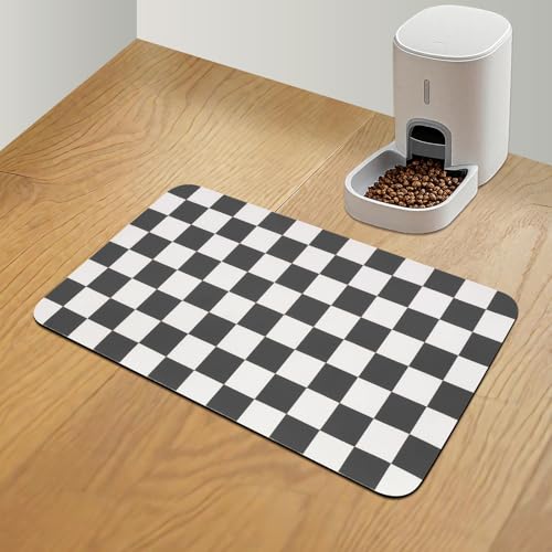 CooRug Checkered Dog Food Mat, Absorbent Leak-Proof Pet Feeding Mat, Quick Dry Cat Food Mat for Messy Drinkers 12" x 20" Black - color: Black, size: 12" x 20"