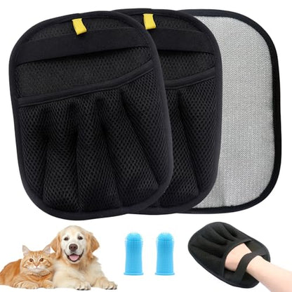 2Pcs Pet Hair Removal Glove for Cats & Dogs, with 2Pcs Toothbrush, Upgraded Five-Finger Electrostatic Pet Hair Gloves, Washable Reusable Pet Hair Remover Tool for Clothing, Couch, Carpet, Car Seat - color: Black