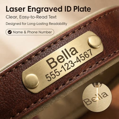 Leather Dog Collar Personalised and Leash Set, Personalized with Soft Padded Design Heavy Duty Featuring Custom Engraved Name Plate for Small Medium and Large Dogs - color: Brown collar with leash, size: L:（neck 35-45cm,width 2.5cm）