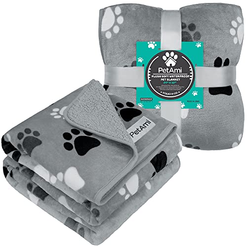 PETAMI Sherpa Fleece Waterproof CAT and Dog Blanket, PAW Gray, Small - color: Paw Gray, size: Small (24x32)