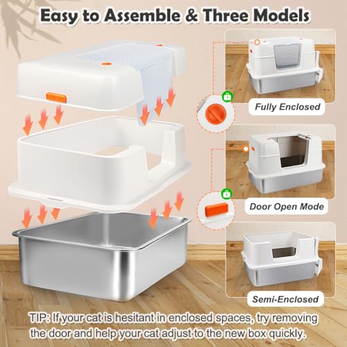 Vivifying Stainless Steel Litter Box with Lid, XL Side Entry Extra Large Litter Box for Big Cats & Kitty, Removable Enclosed Metal Cat Pan with High Sided Enclosure, Scoop, Mat, Footboard (Beige) - color: Beige