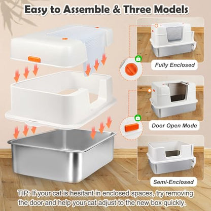 Vivifying Stainless Steel Litter Box with Lid, XL Side Entry Extra Large Litter Box for Big Cats & Kitty, Removable Enclosed Metal Cat Pan with High Sided Enclosure, Scoop, Mat, Footboard (Beige) - color: Beige