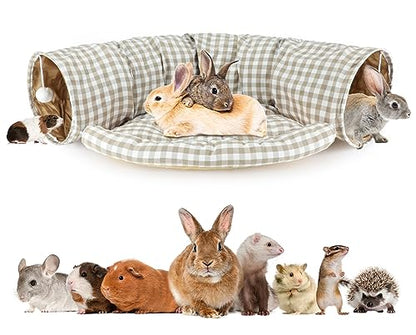 BWOGUE Bunny Tunnel Bed, 2-in-1 Collapsible Tunnel Tubes Toys with Removable Mat Hideout for Cats Kittens Rabbits Guinea Pigs Kitty - color: YellowPlaid