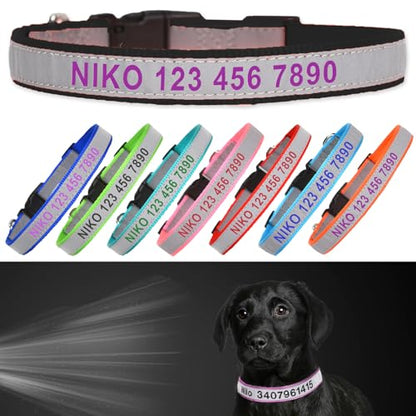 Reflective Personalized Dog Collar - Custom Embroidered Pet Name and Phone Number with Adjustable Nylon Buckle Collars in 5 Sizes XS to XL for Boy and Girl Dogs,Puppy,Black - color: Black