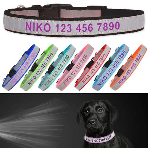 Reflective Personalized Dog Collar - Custom Embroidered Pet Name and Phone Number with Adjustable Nylon Buckle Collars in 5 Sizes XS to XL for Boy and Girl Dogs,Puppy,Black - color: Black