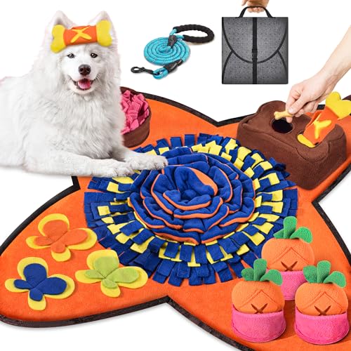 Snuffle Mat for Dogs 32''X20'' for Large Dogs with Dog Leash, Nosework Interactive Sniffing Mat for Cats Rabbits, Slow Feeding Mat for Foraging and Stress Relief (Orange, 32"x20") - color: Orange