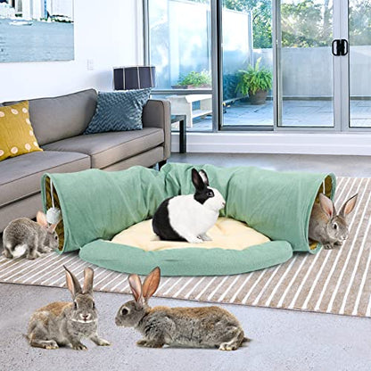 BWOGUE Bunny Tunnel Bed, 2-in-1 Collapsible Tunnel Tubes Toys with Removable Mat Hideout for Cats Kittens Rabbits Guinea Pigs Kitty - color: Green