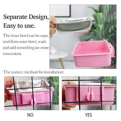 kathson Crate Dog Bowl, Removable Stainless Steel Hanging Pet Kennel Cage Bowl Food & Water Feeder Coop Cup for Puppy, Cat, Rabbit,Guinea Pigs 2pcs Large Square(Blue,Pink) - color: Large square (Blue, Green), size: 2 PCS