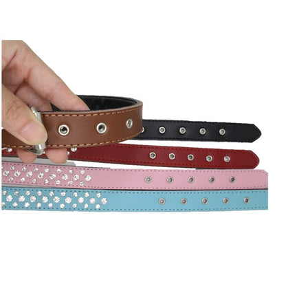 Rhinestones Dog Collar, Adjustable Sparkly Crystal Studded Genuine Leather Pet Dog Collar for Small and Medium Dogs (S, Black) - color: Black, size: Small