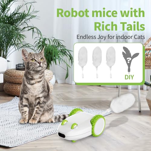 PETGEEK Automatic Cat Mouse Toys Interactive Cat Toys for Indoor Cats, Smart Sensing Moving Electric Cat Toys with Catnip Wand, USB Rechargeable Remote Control Squeaky Mouse Cat Toy, 3 Catnip Tails - color: Green