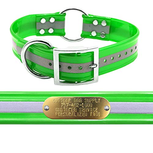 Outdoor Dog Supply 1.5" Wide 25" Long Reflective Lime Green Waterproof Collar with Center Ring & Custom Brass Name Plate – Durable, Odor-Resistant for Large & XL Breeds - color: Reflective Lime Green, size: 25" Long