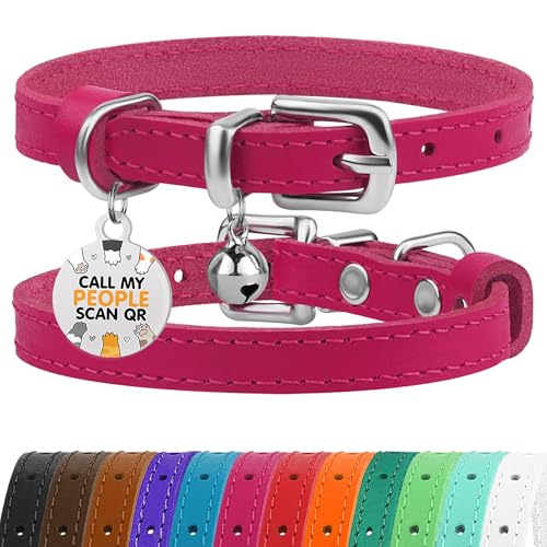 Leather Cat Collar with Removable Bells Non Breakaway Kitten QR Tag for Girl Boy (7" - 9" for Cats, Pink & Silver) - color: Pink & Silver, size: 7 - 9 inch