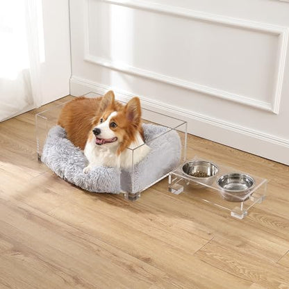 Billie 24" x 15.75" Small Modern Lucite Pet Bed with Washable Cushion and 4" Elevated Pet Feeder with 27 oz 2-Stainless Steel Bowls, Light Gray/Clear (Set of 2) DBD2001A-2SET