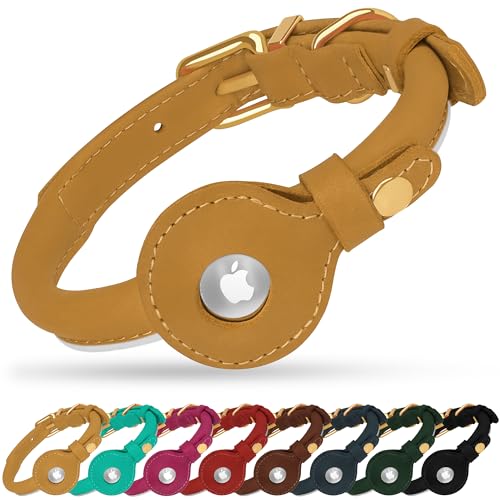 OOPSDOGGY Rolled Leather Dog Collar with Airtag Holder - Reflective Round Airtag Dog Collar - Soft Tracking Pet Collar for Small Dogs Puppy Cats Kitten (Camel, S, 10"-13") - color: Camel, size: S, 10"-13"