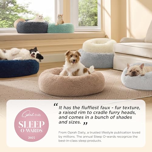 Bedsure Calming Dog Bed for Small Dogs - Donut Washable Small Puppy Bed, 23 inches Anti-Slip Round Fluffy Plush Faux Fur Large Cat Bed, Fits up to 25 lbs Pets, Camel - color: Camel, size: 23"L x 23"W x 8"Th