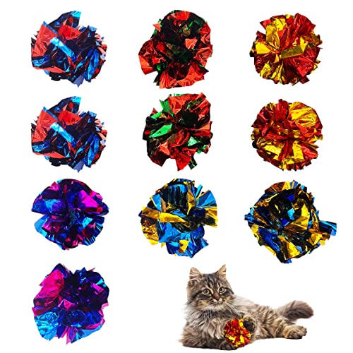 Cat Crinkle Ball Toys 10 Packs for Indoor Cats to Kill Time and Keep Fit, 2.3 Inch Colorful Mylar Crinkle Balls Attract Cats to Swat, Bite, Hunt, Interactive Toys for Cats and Kittens - size: 10 Packs