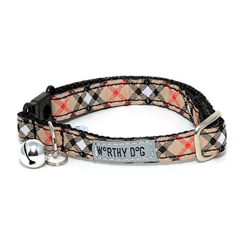 THE WORTHY DOG Patterned Bias Plaid Cat Collar with Bell, Adjustable Nylon Safety Collar, Tan, One Size - color: Tan-Bias Plaid