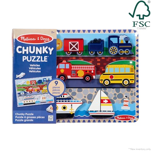 Melissa & Doug Vehicles Wooden Chunky Puzzle (9 pcs), Educational Screen Free Activity for Toddler, Preschoolers And Kids Ages 2+- FSC Certified - style: Vehicles