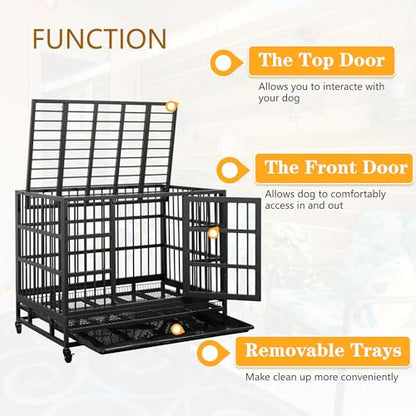 JY QAQA 38 Inch Heavy Duty Indestructible Dog Crate, Escape Proof Dog Cage Kennel with Lockable Wheels,High Anxiety Double Door Dog Crate, Xl Extra Large Crate Indoor for Large Dog with Removable Tray - size: 37.8"x 25.5"x 30.7"(L)