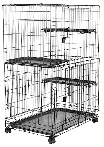 Amazon Basics Large 3-Tier Cat Cage Playpen with Easy to Clean Removable Tray, Front Doors, Portable, Foldable, 35.8" x 22.4" x 50.6", Black