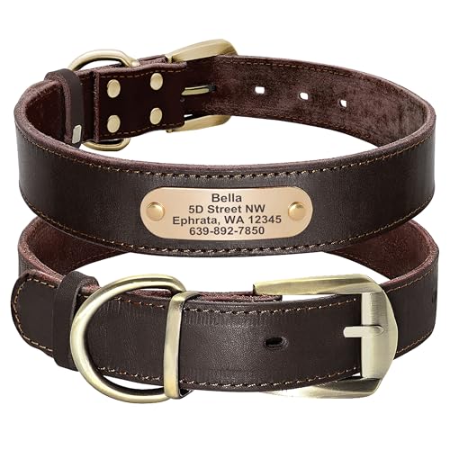 Didog Genuine Leather Dog Collars with Engraved Nameplate, Personalized Soft Leather Dog Collar with Custom ID Tag, Brown/Green/Red for Medium Large Dogs (XL,Brown) - color: Dark Brown, size: XL: Fit Neck 18-23"(44-72 lbs)