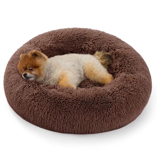 Bedsure Calming Donut Cat Bed - Fluffy Plush Round Pet Bed for Indoor Cats & Small Dogs, Washable Anti-Anxiety Soft Comfy Cuddler, 23x23 Inches, Brown (Basic Version) - color: Brown, size: 23x23x5