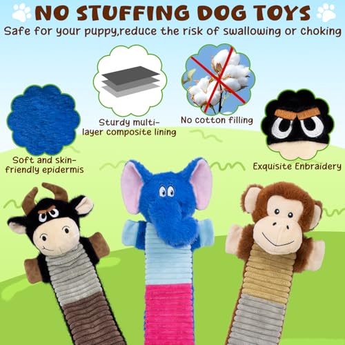3 Pack No Stuffing Dog Squeaky Toys, Dog Chew Toys with Crinkle and Squeaker, Cute Animal PlushToys to Keep Them Busy, Suitable for Large, Medium and Small Breeds （Elephant&Monkey&Cattle - style: Elephant&Monkey&Cattle