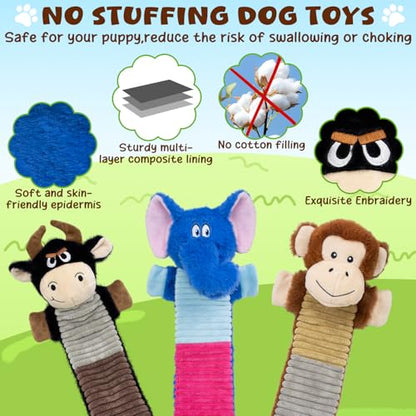 3 Pack No Stuffing Dog Squeaky Toys, Dog Chew Toys with Crinkle and Squeaker, Cute Animal PlushToys to Keep Them Busy, Suitable for Large, Medium and Small Breeds （Elephant&Monkey&Cattle - style: Elephant&Monkey&Cattle