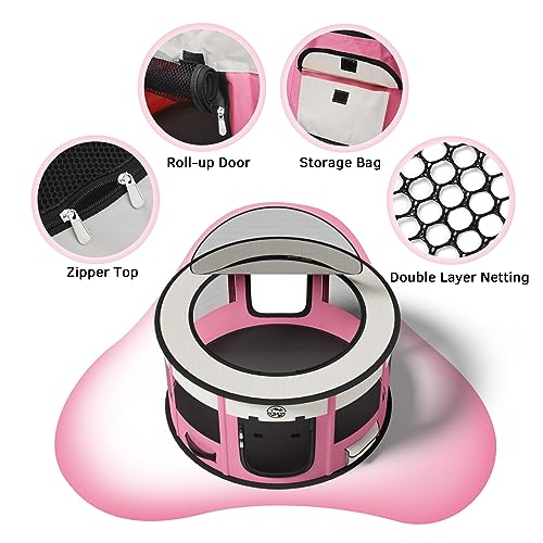 Dog Playpen Puppy Play Pen Indoors Pet Crate Small Dog Cage Portable Foldable Cat Kennel for Kitten Hamster Rabbit Bunny Guinea Pig with Collapsible Food Bowl Carrying Case - color: Pink, style: M