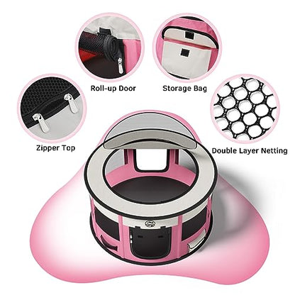 Dog Playpen Puppy Play Pen Indoors Pet Crate Small Dog Cage Portable Foldable Cat Kennel for Kitten Hamster Rabbit Bunny Guinea Pig with Collapsible Food Bowl Carrying Case - color: Pink, style: L