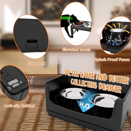 Elevated Dog Bowl Stand Set,Quiet Eating Mess Proof Raised Dog Bowls 2 Stainless Steel Food Bowls,Splash Water Collection Non-Slip Small Cat Feeding Table - color: Black, size: Small