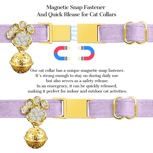 Personalized Breakaway Cat Collars - Magnetic Buckle, Bell - Safety Quick Release, Customized for Girls & Boys Cats- (Velvet-Light Purple) - color: Velvet-Light Purple