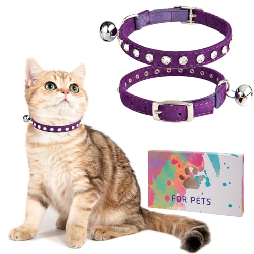 Rhinestone Cat Collar Breakaway with Bell, Diamond Cat Collar with Safety Buckle Quick Release for Girl Boy Small Kitten Pets Puppy,Cute Soft Cat Collars, Color Diamond Purple 8-10.5" - color: Diamond Purple (1 Pack), size: 8"-12" Cats / Mini Dogs