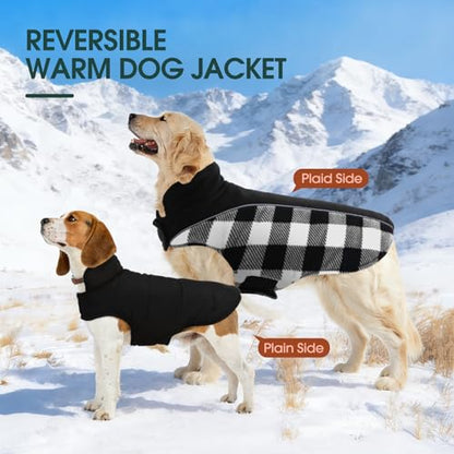 Kuoser Dog Winter Coat, Reversible Waterproof Dog Jacket with Reflective Strip, Warm Dogs Fleece Vest Adjustable Doggy Cold Weather Clothes Plaid Christmas Outfit Pet Apparel for Large Dogs, Black 2XL - color: Black, size: XX-Large (Chest Girth: 29.9-35.4