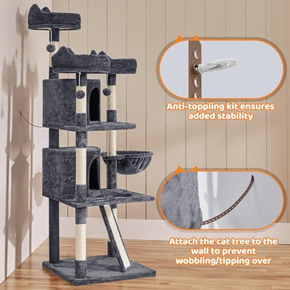 Yaheetech | 68.5in Cat Tree | for Large Cats | Multi-Level Cat Tower with 3 Wide Perches, Large Condo | Stable Pet Play House w/Sisal-Covered Scratching Posts & Board | Dark Gray - color: Dark Gray, size: 68.5in