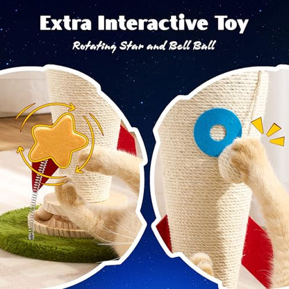 Cat Scratching Post, Rocket Cute Sisal Cat Scratcher with Durable Solid Wood Turntable Toy, Cat Scratch Post Red Cat Scratcher with Spinning Star Toy for Indoor Adult Cats - color: Red Rocket