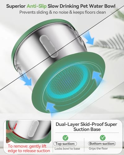 UPSKY 14L No Spill Dog Water Bowl, Stainless Steel Spill Proof Dog Bowl with Water Window, Dual-Suction Anti-Slip Large Capacity Slow Drinking Bowl with Floating Disk for Large Dogs & Messy Drinkers - color: Deep Green