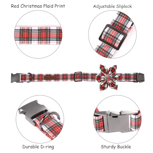 Christmas Dog Collar, Red Plaid Dog Collars with Flower Adjustable Pet Collar Premium Metal Buckle, Christmas Puppy Necklace for X-Small Girl and Boy Dogs - color: B: Christmas Plaid, size: X-Small (Pack of 1)