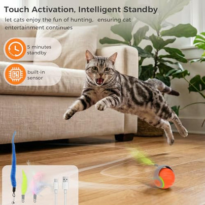 Automatic Interactive Cat Toy Ball with 3 Tails，Rechargeable Moving Cat Toy for Indoor Cats，Cat Toys Balls for Indoor Cats|Fun Interactive Cat Toys & Perfect Cat Gifts，cat ChaCe Toy，Motion Activated