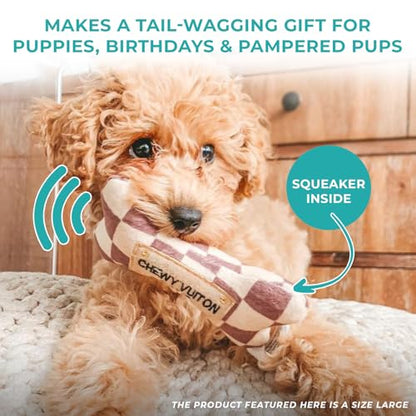 Haute Diggity Dog Chewy Vuiton Bone Plush Squeaky Dog Toy, Soft Durable Designer-Inspired Stuffed Puppy Chew Toys for Small & Medium Dogs, Machine-Washable (Tan Checker) Small - color: Brown Bone, size: Small