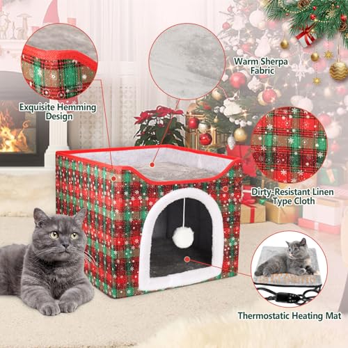Heated Cat Bed for Indoor Cats, Foldable Cat House with Removable Heating Pad for Cats Small Dog Covered Cat Bed Cave Kitty Hideaway with with Scratch Pad, All Season Use